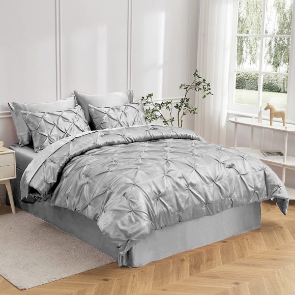 New Satin Comforter King 8 Pieces - Luxurious Pinch Pleat Bedding Set wi… - Picture 1 of 10